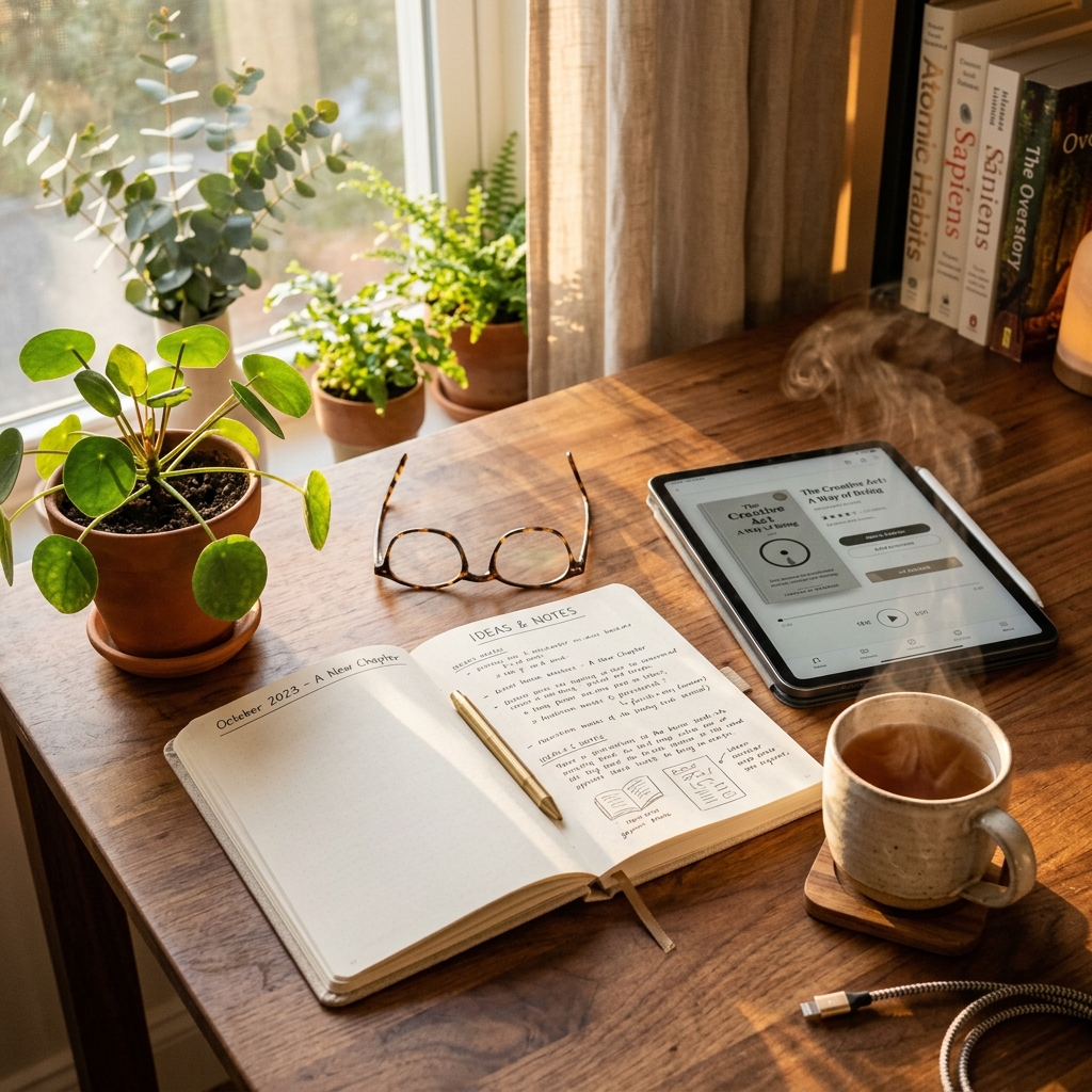 Ambiente cálido de aprendizaje con anotador y tablet