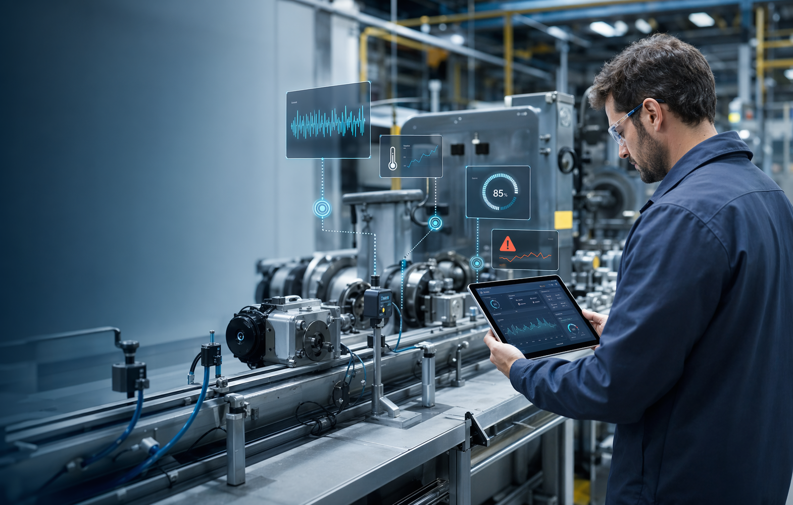 Equipo industrial revisando datos de mantenimiento predictivo en planta productiva