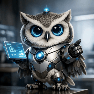 Liam, el búho tecnológico de Kor, saludando y listo para responder preguntas